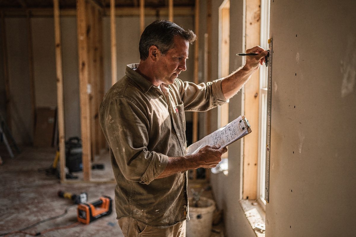 Ronevexa founder measuring a wall and checking notes on a clipboard