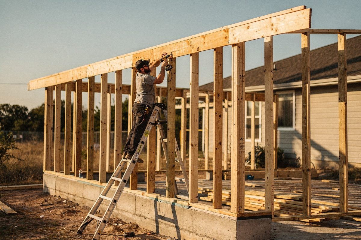 Newly framed wall of a small house addition against the sky