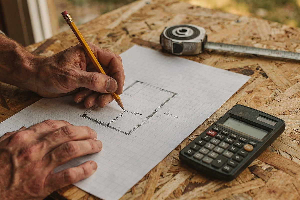 Hands sketching a floor plan on graph paper with a pencil and tape measure